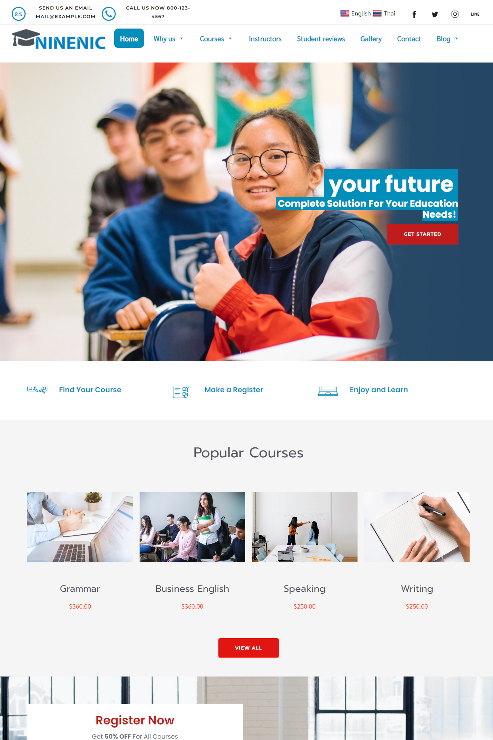 เว็บสำเร็จรูปธุรกิจ เว็บไซต์โรงเรียนเสริมทักษะการสื่อสารภาษาอังกฤษ (education) - แนะนำเว็บสำเร็จรูป NineNIC สำหรับองค์กร ธุรกิจ พร้อม Theme และ Template Layouts เว็บสำเร็จรูป Business Wordpress Theme พร้อมพื้นที่เว็บไซต์ พิเศษสุดฟรี! ใบรับรอง SSL - NineNIC business plus เครื่องมือสร้างเว็บไซต์ ใช้งานง่ายเพียงลากและวาง (Visual composer) ช่วยให้คุณเริ่มต้นเว็บไซต์ธุรกิจของคุณได้ทันที รับออกแบบเว็บไซต์โดยทีมงานมืออาชีพ มีบริการหลังการขาย พร้อมบริการลูกค้า ดูแลดี